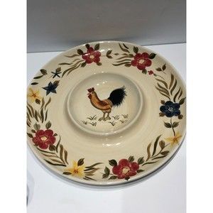Rooster & Flowers Chips/Vegetables & Dip Plate Platter Hand Painted 13.5” Maxam